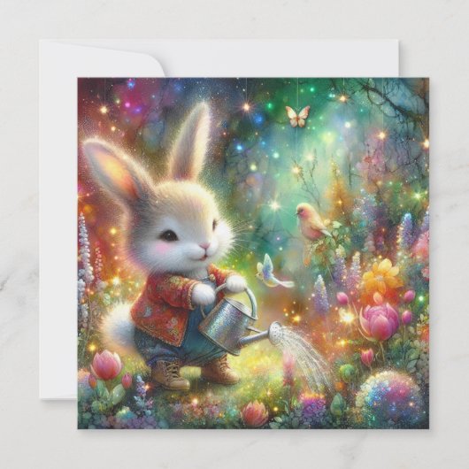 Schattigee kleurrijke Sparkle Happy Bunny Flowers  Feestdagenkaart (Voorkant)