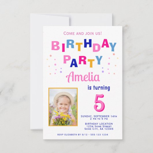 Schattigee kleurrijke Star Girl foto Verjaardag Kaart (Voorkant)