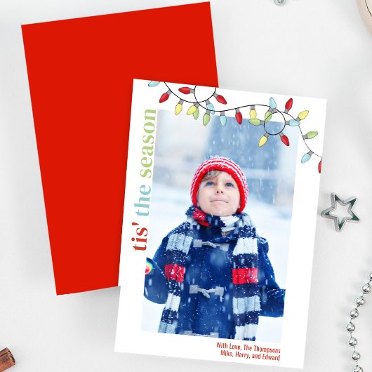 Schattigee Kleurrijke String Lights Kerstfoto Feestdagenkaart