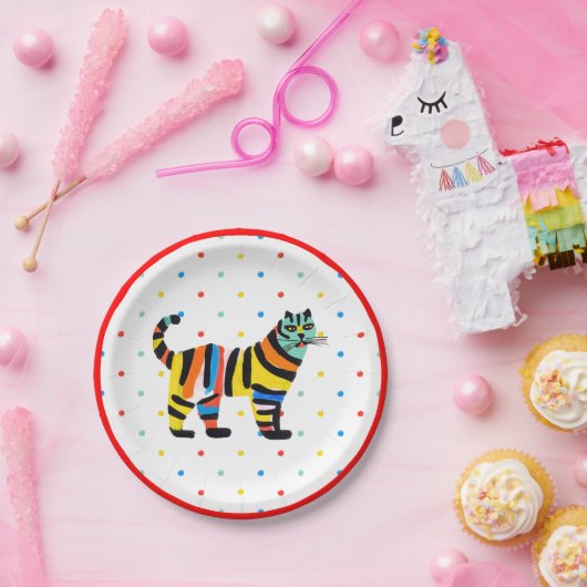 Schattigee kleurrijke tijgerkat polka dot verjaard papieren bordje (Feest)