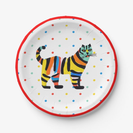 Schattigee kleurrijke tijgerkat polka dot verjaard papieren bordje (Voorkant)