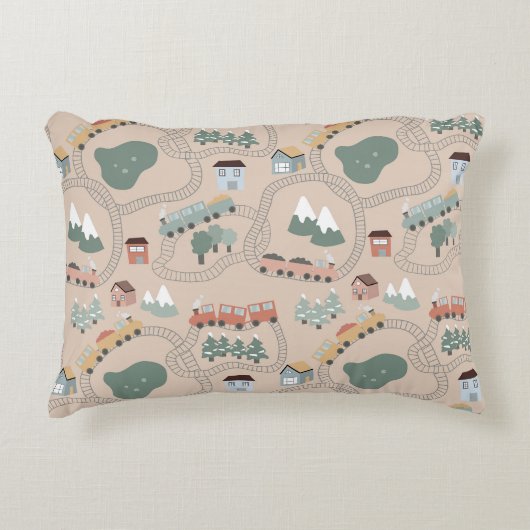 Schattigee kleurrijke treinen op treinrails Kinder Accent Kussen (Voorkant)