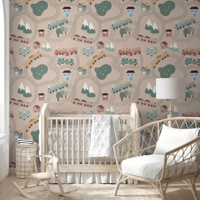 Schattigee kleurrijke treinen op treinrails Kinder Behang (Kinderen)