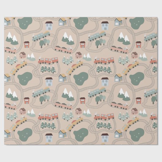 Schattigee kleurrijke treinen op treinrails Kinder Cadeaupapier (Vlak)