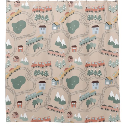 Schattigee kleurrijke treinen op treinrails Kinder Douchegordijn (Voorkant)