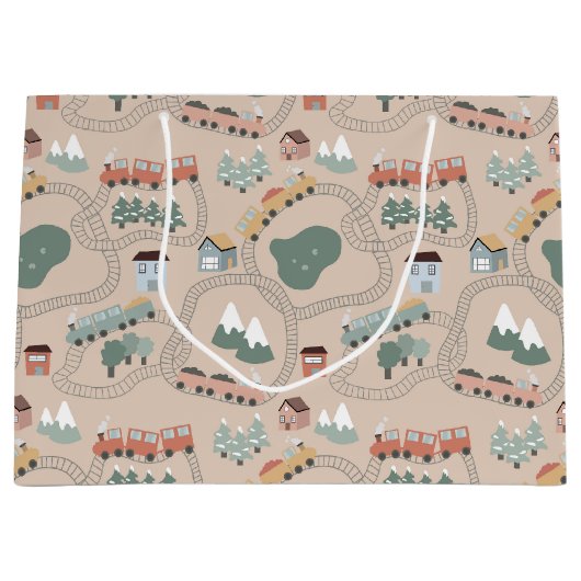 Schattigee kleurrijke treinen op treinrails Kinder Groot Cadeauzakje (Voorkant)