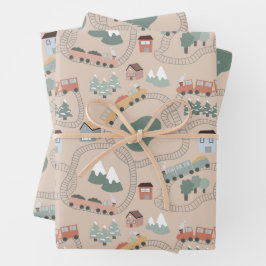 Schattigee kleurrijke treinen op treinrails Kinder Inpakpapier Vel