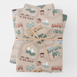 Schattigee kleurrijke treinen op treinrails Kinder Inpakpapier Vel