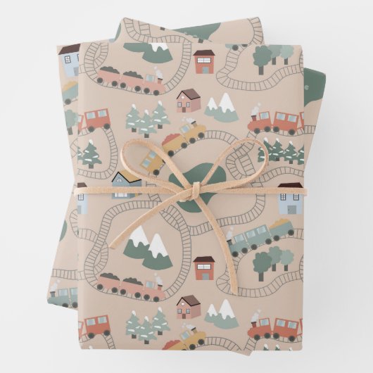 Schattigee kleurrijke treinen op treinrails Kinder Inpakpapier Vel (In situ)