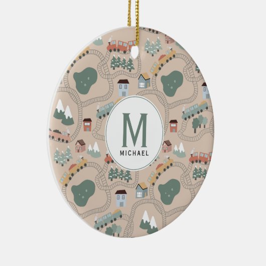 Schattigee kleurrijke treinen op treinrails Kinder Keramisch Ornament (Rechts)