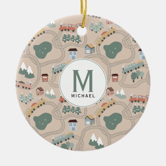 Schattigee kleurrijke treinen op treinrails Kinder Keramisch Ornament (Voorkant)