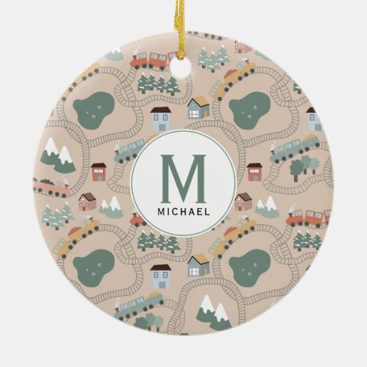 Schattigee kleurrijke treinen op treinrails Kinder Keramisch Ornament (Achterkant)