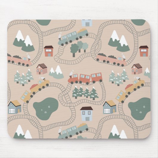 Schattigee kleurrijke treinen op treinrails Kinder Muismat (Voorkant)