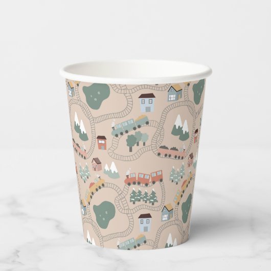 Schattigee kleurrijke treinen op treinrails Kinder Papieren Bekers (Achterkant)