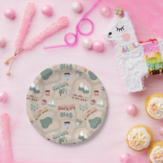 Schattigee kleurrijke treinen op treinrails Kinder Papieren Bordje (Feest)