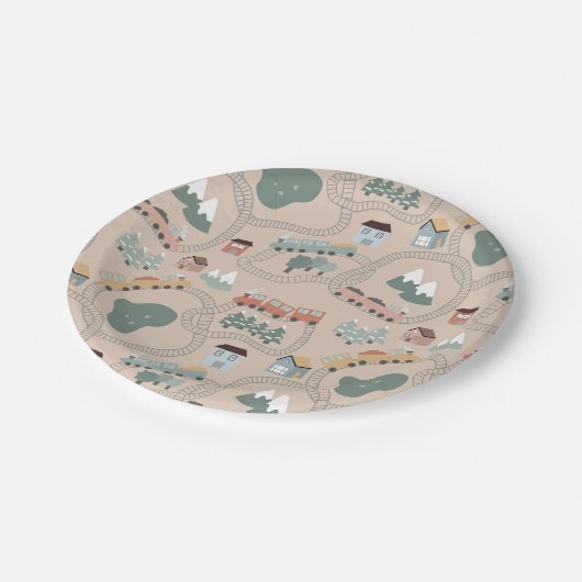 Schattigee kleurrijke treinen op treinrails Kinder Papieren Bordje (Gekanteld)