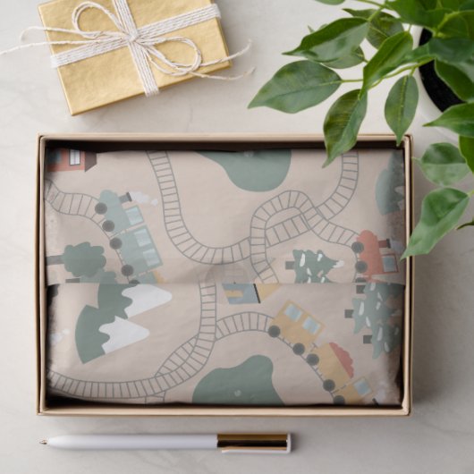 Schattigee kleurrijke treinen op treinrails Kinder Tissuepapier (Geschenk)