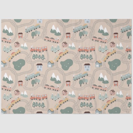 Schattigee kleurrijke treinen op treinrails Kinder Tissuepapier (Voorkant)