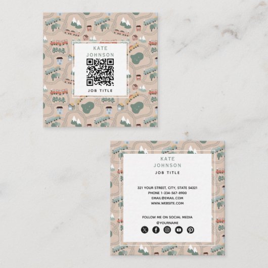 Schattigee kleurrijke treinen op treinrails QR-cod Vierkante Visitekaartje (Voorkant / Achterkant)