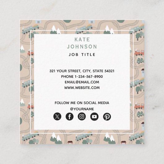 Schattigee kleurrijke treinen op treinrails QR-cod Vierkante Visitekaartje (Achterkant)