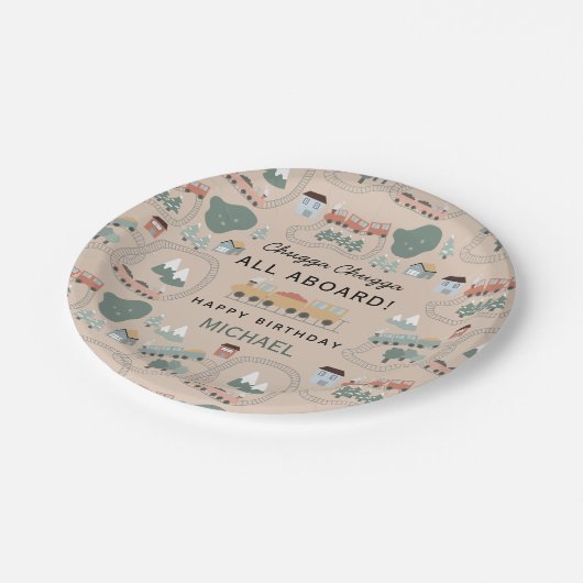 Schattigee Kleurrijke Treinen Op Treinsporen Verja Papieren Bordje (Gekanteld)