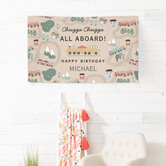 Schattigee Kleurrijke Treinen Op Treinsporen Verja Spandoek (Insitu)