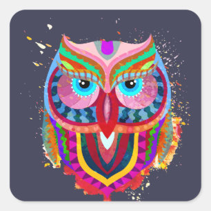Schattigee Kleurrijke Uil Vierkante Stickers, Glan Sticker