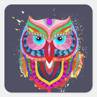 Schattigee Kleurrijke Uil Vierkante Stickers, Glan Sticker