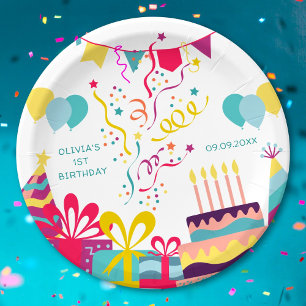 Schattigee kleurrijke verjaardagsfeest aangepaste  papieren bordje