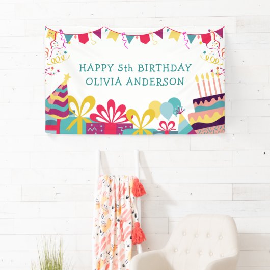 Schattigee kleurrijke verjaardagsfeest aangepaste  spandoek (Insitu)