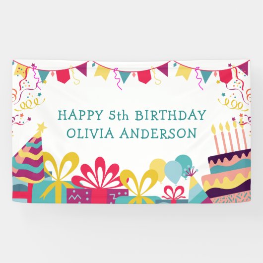 Schattigee kleurrijke verjaardagsfeest aangepaste spandoek (Horizontaal)