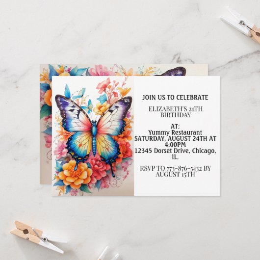 Schattigee kleurrijke vlinder happy birthday party kaart (Voorkant / Achterkant in situ)