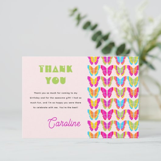 Schattigee Kleurrijke Vlinders Meisje 4e Verjaarda Bedankkaart (Staand voorkant)