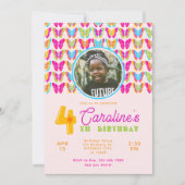 Schattigee Kleurrijke Vlinders Meisje 4e Verjaarda Kaart (Voorkant)