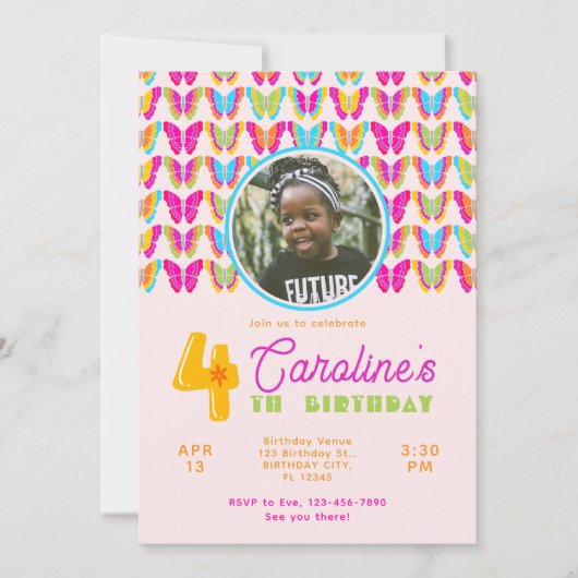 Schattigee Kleurrijke Vlinders Meisje 4e Verjaarda Kaart (Voorkant)