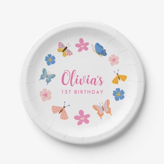 Schattigee kleurrijke vlinders verjaardagsfeestje papieren bordje (Voorkant)
