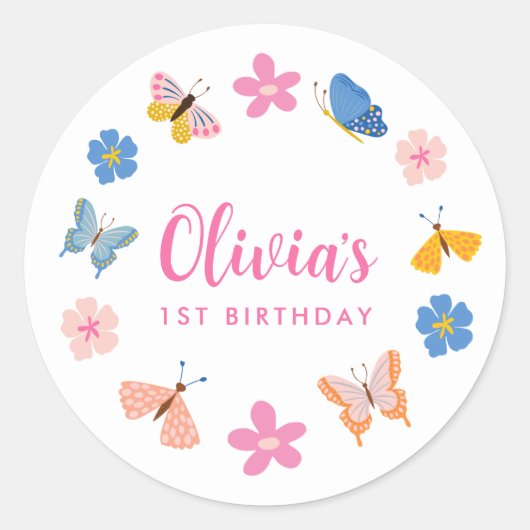 Schattigee kleurrijke vlinders verjaardagsfeestje ronde sticker (Voorkant)