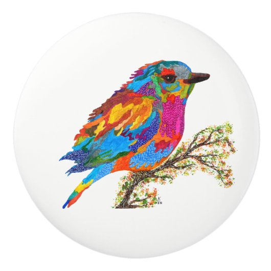 Schattigee & Kleurrijke Vogel op een Branch Deurkn Keramische Knop (Voorkant)