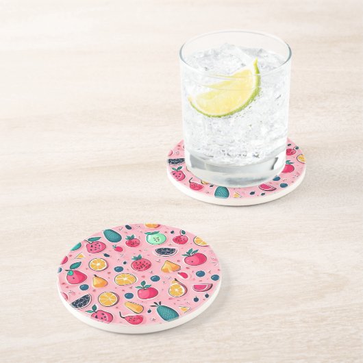 Schattigee kleurrijke vruchten roze decor zandsteen onderzetter (Zijkant)