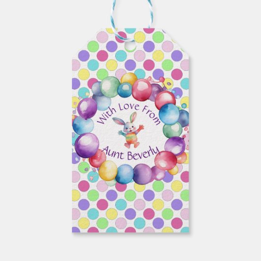 Schattigee Kleurrijke Waterverf Bunny en Polka Dot Cadeaulabel (Achterkant)