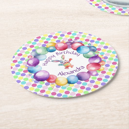 Schattigee Kleurrijke Waterverf Bunny en Polka Dot Ronde Kartonnen Onderzetter (Gebogen)