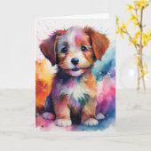 Schattigee Kleurrijke Waterverf Puppy Blank Kaart (Gele Bloem)