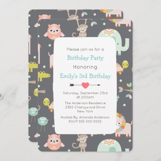 Schattigee kleurrijke wilde dieren verjaardagsfees kaart (Voorkant / Achterkant)