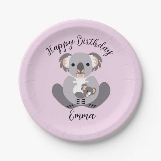 Schattigee knuffel - KOALA -Happy Birthday - Roze Papieren Bordje (Voorkant)
