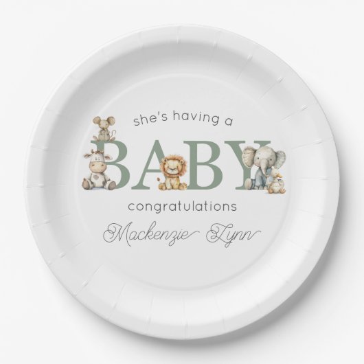 Schattigee knuffeldieren Genderneutraal Baby showe Papieren Bordje (Voorkant)