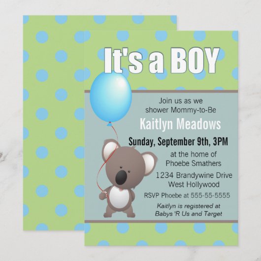 Schattigee Koala Beer Baby Boy Shower Kaart (Voorkant / Achterkant)