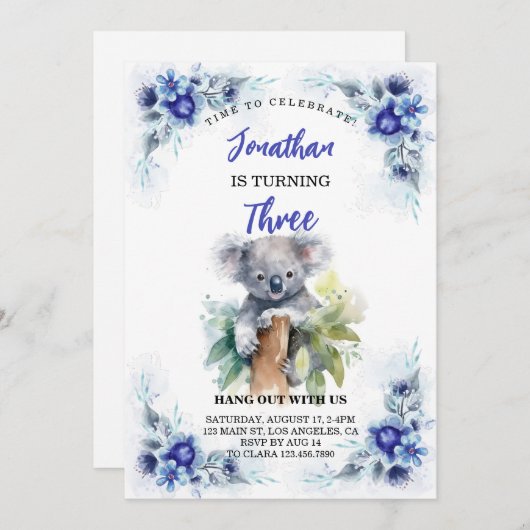 Schattigee Koala bewerkbare Jongen Meisje Verjaard Aankondiging (Voorkant / Achterkant)
