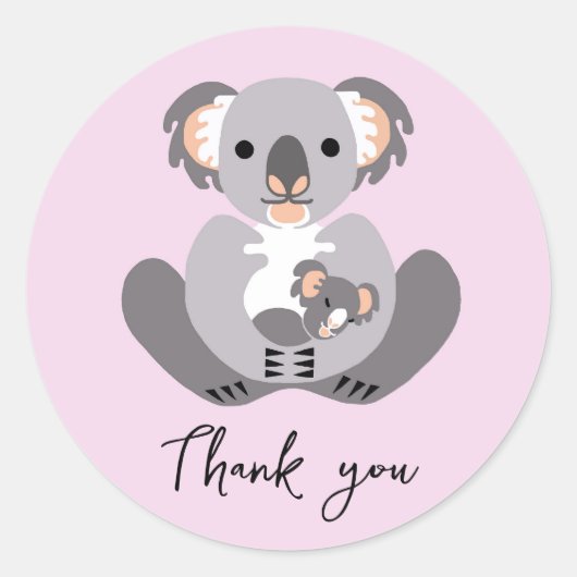 Schattigee KOALA - Dank u- Dier -Roze Ronde Sticker (Voorkant)