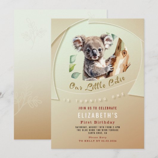 Schattigee Koala eerste verjaardag uitnodiging (Voorkant / Achterkant)