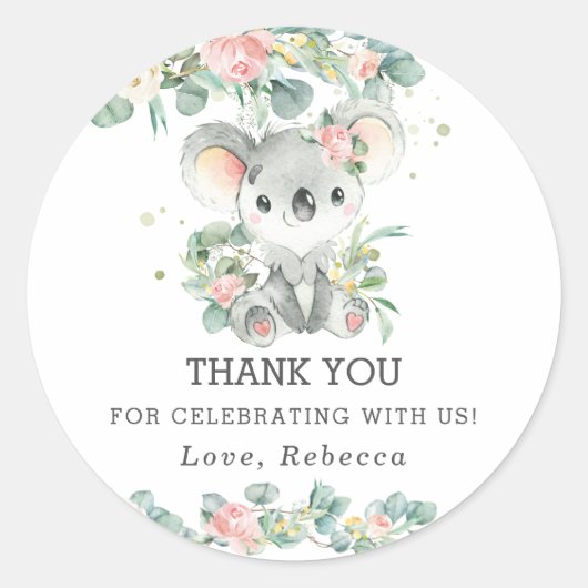 Schattigee Koala Eucalyptus Roze Bloemen Dank u vo Ronde Sticker (Voorkant)